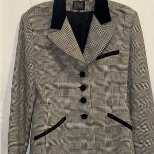 Vintage Wool Horse Rider Style Black/White Plaid Women's Paris Designer Blazer